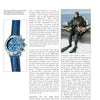 A magazine page shows a blue Sports Watch by Schiffer Publishing, Ltd. on the left and, on the right, a diver underwater wearing diving gear and a watch. The page is filled with text about diver’s watches.