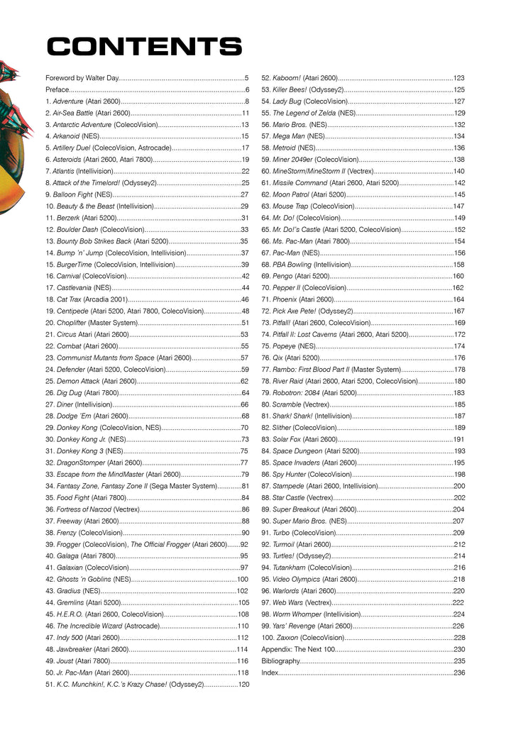 The contents page of "The 100 Greatest Console Video Games" by Schiffer Publishing, Ltd. lists over 90 classic titles for Atari 2600 and NES, including Asteroids, Donkey Kong, Pac-Man, Frogger, and Space Invaders with page numbers.