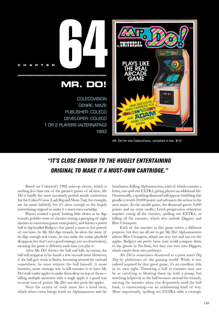 A page in The 100 Greatest Console Video Games (Schiffer Publishing, Ltd.) covers Mr. Do! on ColecoVision with an arcade cabinet photo, gameplay review, and a quote highlighting its originality and entertainment.