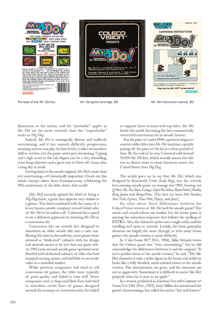 A magazine page showcases the back of Mr. Do!’s box, Atari 2600 cartridge, and manual, with text from Schiffer Publishing’s "The 100 Greatest Console Video Games" discussing the game's features and significance among early classics.