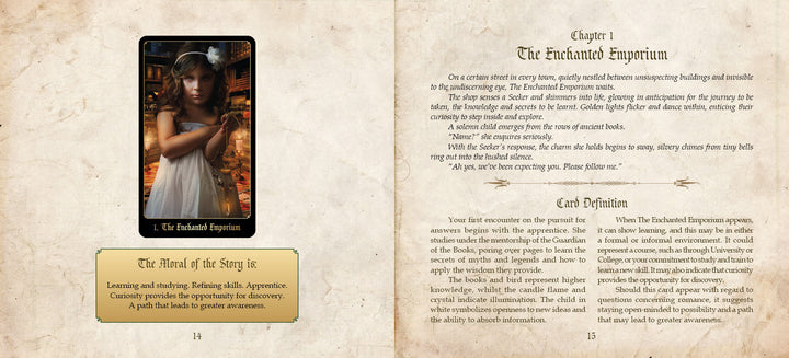 A two-page book spread: left page shows a girl in a white dress and hat inside a shop, a card titled “The Enchanted Emporium,” a story moral about learning, and The Chronicles of Destiny Fortune Cards by Schiffer Publishing, Ltd.; right page has chapter text and definition.