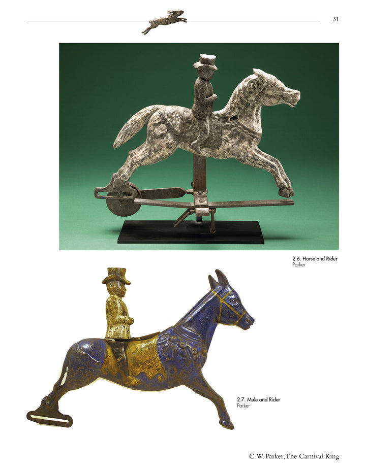Step Right Up! by Schiffer Publishing, Ltd. showcases two vintage metal carnival ride figures—a rider on a white and brown horse and another on a blue and gold mule. Both, dressed in hats and suits, capture the naive charm of classic arcade art.
