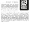 The tarot card "Knight of Coins" from Kabbalistic Visions by Schiffer Publishing, Ltd. shows a knight with a coin amid ornate designs, placed beside mystical Kabbalah Tarot text that explains its meaning on the page.