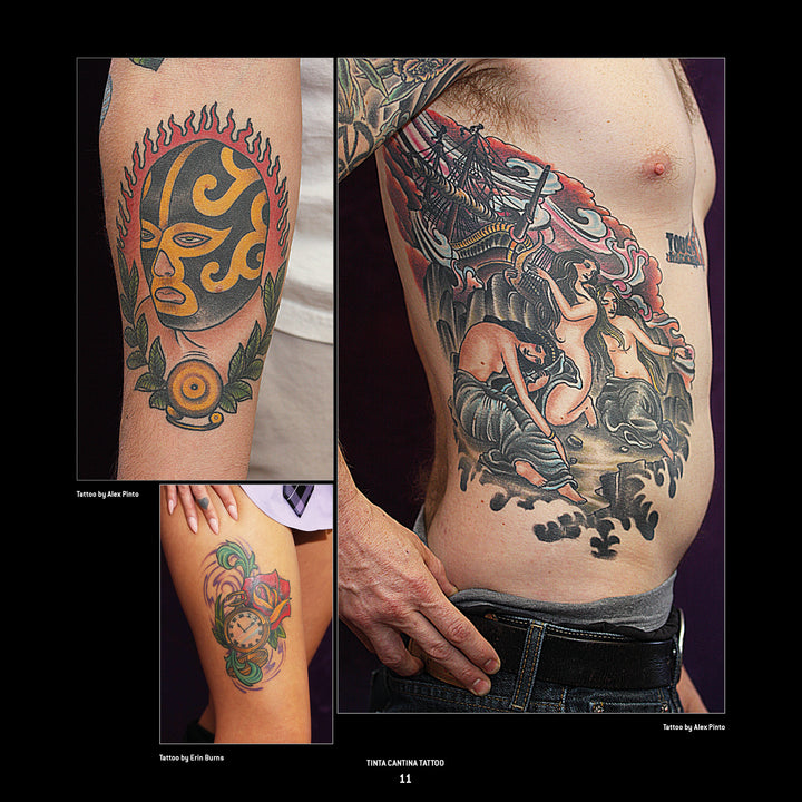 Tattoo Road Trip by Schiffer Publishing, Ltd. highlights New Mexico tattoo art, featuring designs like a flaming masked face with leaves and an orb, a vibrant floral leg clock, and an intricate samurai scene—true artistry.