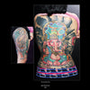 Showcasing New Mexico tattoo art, a person with colorful Ganesh and tiger tattoos poses in patterned shorts and a pink top. The image evokes the spirit of "Tattoo Road Trip" by Schiffer Publishing, Ltd., set against a dark background.