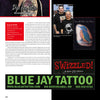 A page in *Tattoo Road Trip* by Schiffer Publishing, Ltd. highlights Blue Jay Tattoo in Rio Rancho, NM, with a text intro, photos of two artists and a blue jay tattoo, plus the shop’s website, address, and phone on a green banner.