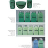 Six sets of vintage Jadite kitchen shakers and a Drippings jar, each labeled for spices, displayed on white—ideal for collectors and as an identification and price guide from Schiffer Publishing, Ltd.