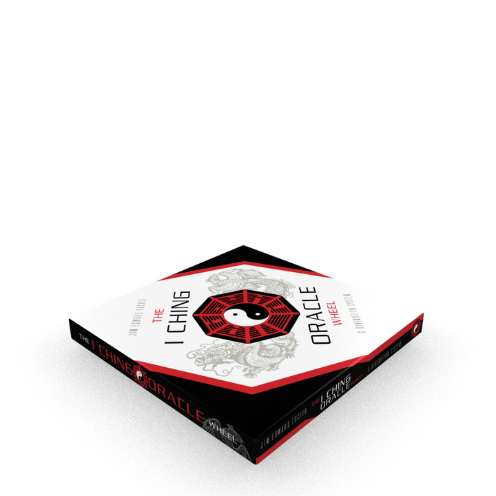 A square box titled "The I Ching Oracle Wheel" by Schiffer Publishing, Ltd., with a yin-yang symbol, hexagrams, and Chinese trigrams in white, black, and red on the cover, is placed on a white surface.