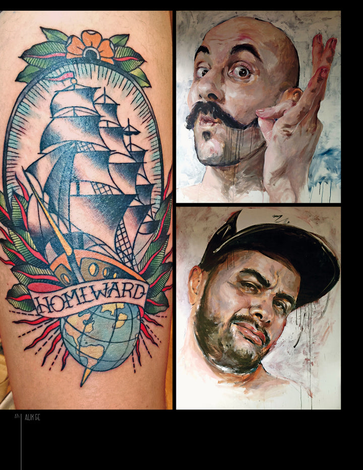 On the left, TattooIsMe 2 by Schiffer Publishing, Ltd. shows a colorful ship tattoo with "Homeward" text; on the right, two painted portraits—a mustached man making a dramatic gesture above and a bearded man with a cap below—resemble artbook pages.
