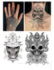 A collage from "TattooIsMe 2" by Schiffer Publishing, Ltd. features a mandala hand tattoo, a geometric skull neck tattoo, and two black and white skull illustrations—ideal inspiration for tattoo artists or artbooks.