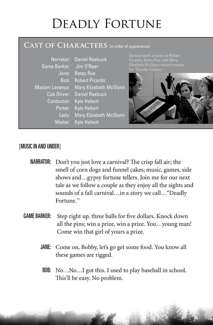 A black-and-white program page for Schiffer Publishing, Ltd.’s Tales From Beyond displays a cast list and script excerpt with a narrator, game barker, Jane, and Bob in a carnival setting filled with suspense and strange happenings.