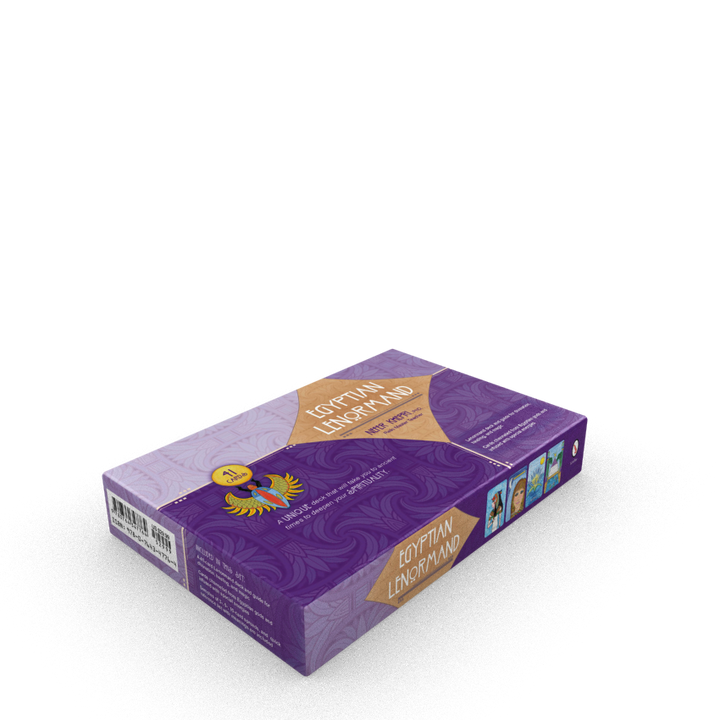 A purple rectangular box labeled "The Egyptian Lenormand" by Schiffer Publishing, Ltd. with gold and blue accents rests on a white surface, displaying ancient Egyptian tarot artwork and card images along the side.