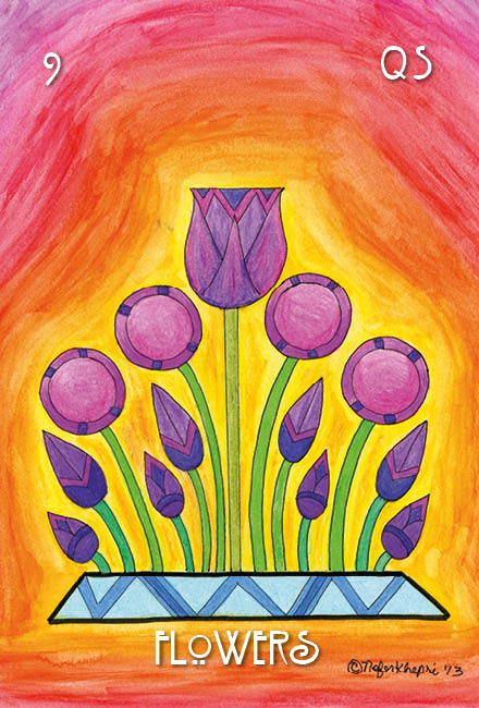 A vivid drawing of a large purple tulip and eight buds in a geometric vase, set against a bright yellow-orange backdrop, inspired by The Egyptian Lenormand by Schiffer Publishing, Ltd. The text reads "9 QS and FLOWERS.
