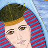 An illustration of a pharaoh with brown eyes, blue and red striped headdress, and gold band. The blue background reads “28 AH” on top and “PHARAOH” at bottom. Inspired by The Egyptian Lenormand from Schiffer Publishing, Ltd.