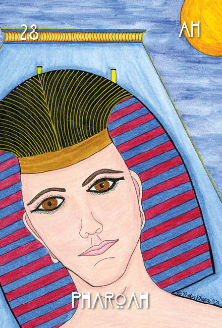 An illustration of a pharaoh with brown eyes, blue and red striped headdress, and gold band. The blue background reads “28 AH” on top and “PHARAOH” at bottom. Inspired by The Egyptian Lenormand from Schiffer Publishing, Ltd.