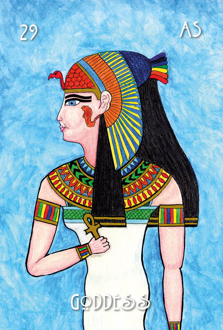 A vibrant depiction from The Egyptian Lenormand by Schiffer Publishing, Ltd. shows an Egyptian goddess in profile with a cobra headdress and ankh, on a blue background labeled “GODDESS” below and “29, AS” above.