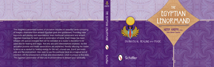 The Egyptian Lenormand by Schiffer Publishing, Ltd. features a cover with Egyptian motifs, a golden ankh, and violet patterns. The back highlights how the deck blends traditional Lenormand and ancient Egyptian tarot meanings for divination.