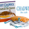 The Chadwick the Crab™ Plush Toy Character by Schiffer Publishing, Ltd. appears beside an illustrated Chesapeake Bay blue crab on the cover of a classic children's book series about the Chesapeake Bay.
