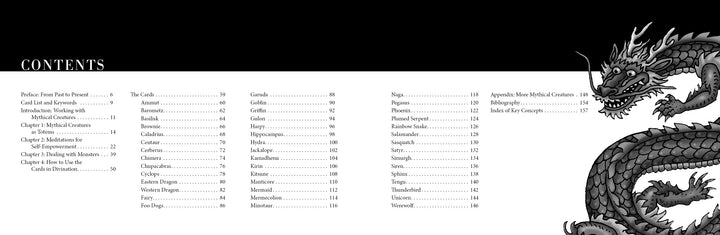The Mythical Creatures Oracle by Schiffer Publishing, Ltd. features a black and white table of contents with a dragon illustration, listing sections like Preface, chapters on the oracle, and an alphabetical creatures list with page numbers.