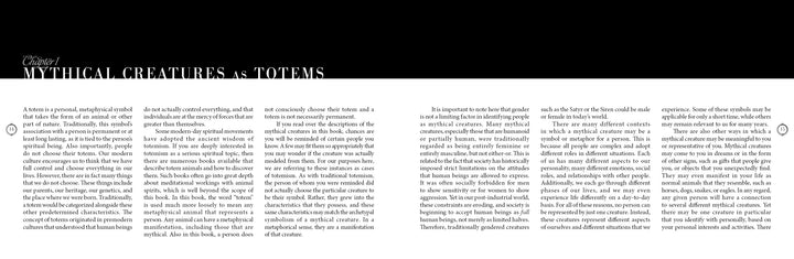 A black-and-white image of a text article titled MYTHICAL CREATURES as TOTEMS, exploring their symbolism in art and identity—similar to how Schiffer Publishing, Ltd.’s The Mythical Creatures Oracle serves as a mythology guidebook.