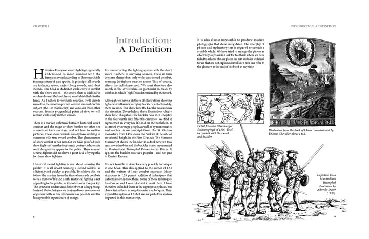 The left page of Sword Fighting 2 by Schiffer Publishing, Ltd. shows text titled "Introduction: A Definition," while the right page features more text and three black-and-white illustrations: a satirical group, an artist at work, and a medieval combat scene.