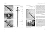 A two-page spread from Sword Fighting 2 by Schiffer Publishing, Ltd. displays labeled sword diagrams, hilt and cross-guard close-ups, vibration nodes, racks of swords, and descriptive text, as seen in a medieval combat manual.
