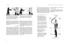 The Sword Fighting 2 book by Schiffer Publishing, Ltd. displays a two-page spread with black-and-white medieval combat stances on the left and an illustrated swordsman diagram with buckler fighting terms and descriptive text on the right.