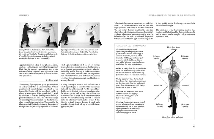 The Sword Fighting 2 book by Schiffer Publishing, Ltd. displays a two-page spread with black-and-white medieval combat stances on the left and an illustrated swordsman diagram with buckler fighting terms and descriptive text on the right.