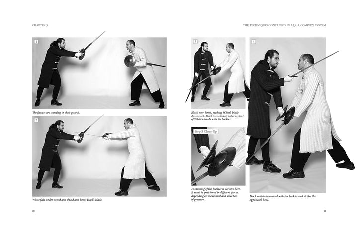 Four black-and-white photos from "Sword Fighting 2" by Schiffer Publishing, Ltd. show two men in historical fencing attire demonstrating buckler techniques, with numbered steps and instructional text on each image.