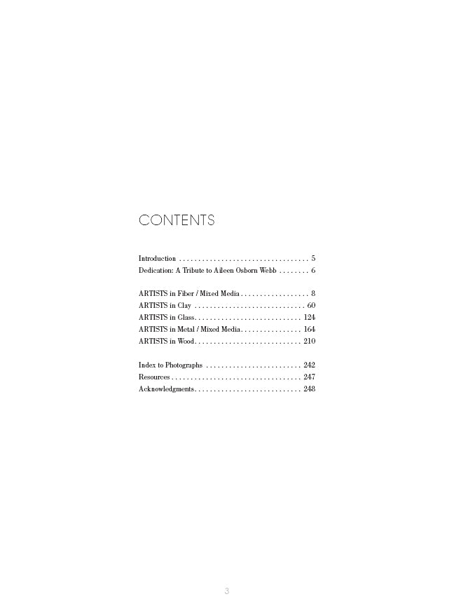 The table of contents in *Masters of Craft* by Schiffer Publishing, Ltd. features sections such as Introduction, Dedication, Fiber/Mixed Media artists, Paul J. Smith’s Clay insights, plus Glass, Metal/Mixed Media, Wood, Index to Photographs, Resources and Acknowledgments.