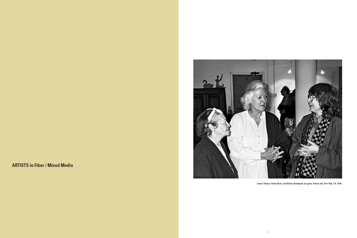Three women stand together indoors, smiling and chatting in an art gallery showcasing twentieth-century craft, with sculptures and framed art behind them. They wear light and dark outfits. Product: Masters of Craft by Schiffer Publishing, Ltd.