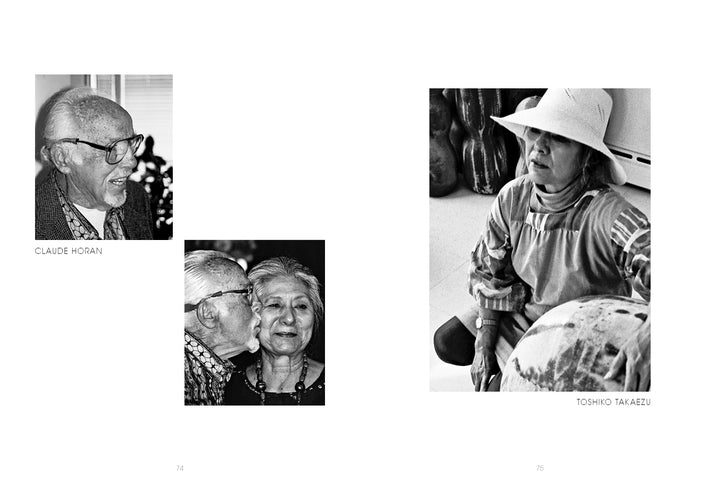 Black and white photos from Masters of Craft (Schiffer Publishing, Ltd.): left, Paul J. Smith with a woman; right, an older woman in a wide-brimmed hat sits beside large pottery.