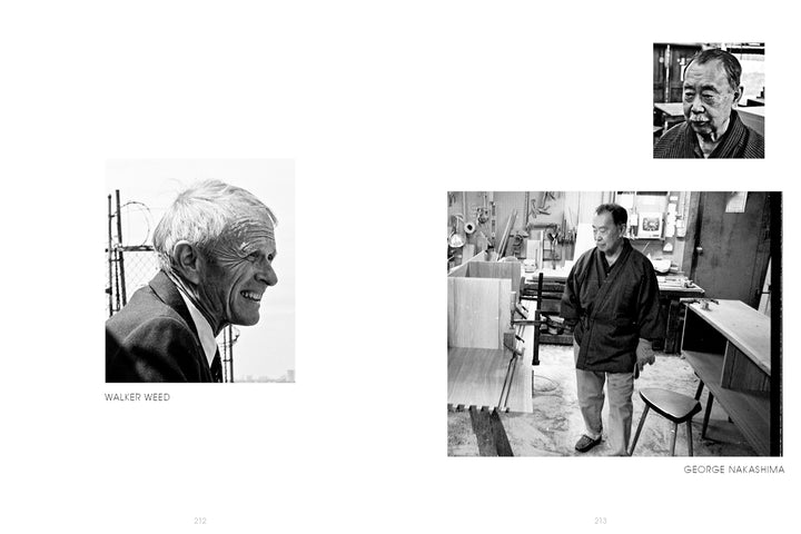 A black-and-white layout from "Masters of Craft" by Schiffer Publishing, Ltd. features studio craft artists Walker Weed in profile outdoors and George Nakashima standing in a woodworking shop, plus a small portrait of Nakashima in the corner.