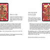 Two facing pages from Schiffer Publishing, Ltd.'s Tarot D guidebook describe the Ace of Wands and Remnant Ashes cards, featuring illustrations, meanings (upright/reversed), detailed explanations, and elegant red borders.
