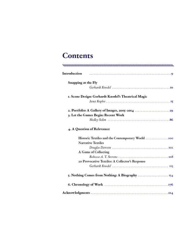 The table of contents in What If Textiles by Schiffer Publishing, Ltd. includes introduction, scene design, portfolio, textile art, historic textiles' relevance, a collecting game, Gerhardt Knodel’s contemporary textiles, biography, chronology, and acknowledgments.