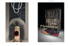 Left: A close-up of a contemporary textile sculpture with brush-like texture and simple face, set on black and gray fabric with pearl details. Right: Mask-like faces on sticks from What If Textiles by Schiffer Publishing, Ltd.