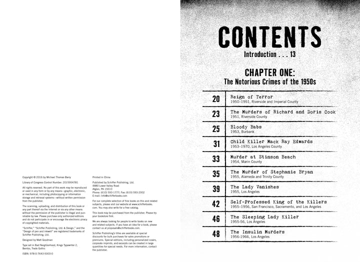 Table of contents for In the Company of Evil—Thirty Years of California Crime, 1950-1980 (Schiffer Publishing, Ltd.) lists chapters on infamous murders like Reign of Terror, Bloody Babs, and The Insulin Murders with page numbers.