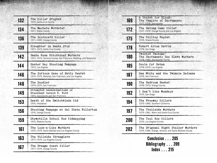 A black-and-white index page from "In the Company of Evil—Thirty Years of California Crime, 1950-1980" by Schiffer Publishing, Ltd., lists true crime cases (number, title, year, location), infamous serial killers, Conclusion, Bibliography, and Index.