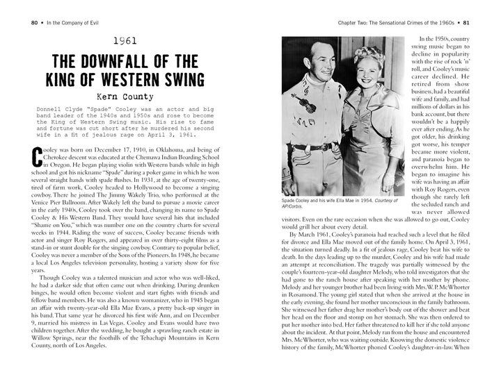 A black and white photo from "In the Company of Evil—Thirty Years of California Crime, 1950-1980" by Schiffer Publishing, Ltd. shows a smiling man in a checkered jacket with his arm around a woman in a 1950s setting.