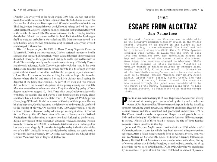 A two-column page from "In the Company of Evil—Thirty Years of California Crime, 1950-1980" by Schiffer Publishing, Ltd. shares Dorothy Cooley’s story and details the 1962 Alcatraz prison break; no images or illustrations are included.