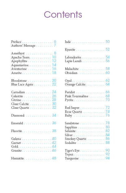 A Contents page for Carry Me Crystals—Chakra Clearing & Oracle Card Deck by Schiffer Publishing, Ltd. lists gemstone and mineral names with blue page numbers under a purple heading—ideal for crystal cards or chakra guides.