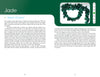 A catalog page features Carry Me Crystals—Chakra Clearing & Oracle Card Deck by Schiffer Publishing, Ltd., highlighting its chakra clearing benefits and spiritual value, with the header "Jade" and a close-up of the product.