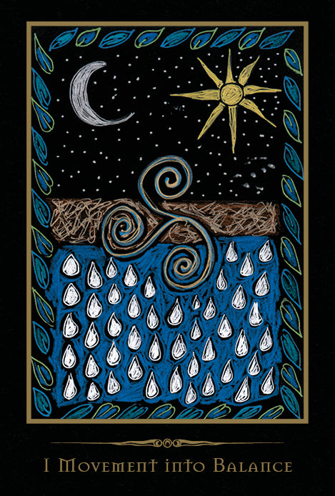 A stylized crescent moon, yellow sun, stars, swirling symbol, blue water with white teardrops, and green leaves appear on the Shamanic Healing Oracle Cards by Schiffer Publishing, Ltd. Below is the text: “I Movement into Balance.”.