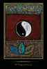 The Shamanic Healing Oracle Cards by Schiffer Publishing, Ltd. feature a stylized yin-yang on a red and black background, blue and green leaves beneath, swirling patterns above, a bamboo border, and "9 Perception" at the bottom.