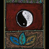 The Shamanic Healing Oracle Cards by Schiffer Publishing, Ltd. feature a stylized yin-yang on a red and black background, blue and green leaves beneath, swirling patterns above, a bamboo border, and "9 Perception" at the bottom.