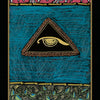 The Shamanic Healing Oracle Cards from Schiffer Publishing, Ltd. include a card labeled 30 Divine Timing with a golden Eye of Horus inside a triangle on blue, bordered by birds and botanical designs—ideal for spiritual self-awareness.