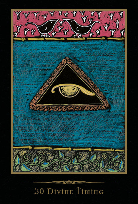 The Shamanic Healing Oracle Cards from Schiffer Publishing, Ltd. include a card labeled 30 Divine Timing with a golden Eye of Horus inside a triangle on blue, bordered by birds and botanical designs—ideal for spiritual self-awareness.