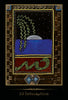 A card from the Shamanic Healing Oracle Cards by Schiffer Publishing, Ltd. shows a moon over a blue sea, a leafy branch, and a snake on red ground with geometric borders. Inspired by shamanism, it's labeled 33 Integration at the bottom.