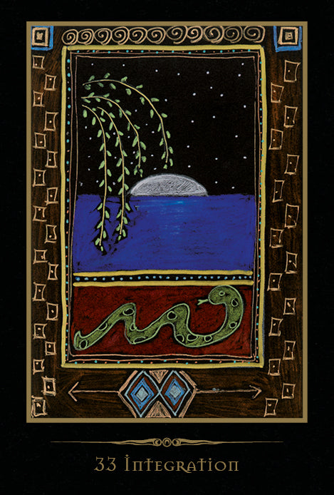 A card from the Shamanic Healing Oracle Cards by Schiffer Publishing, Ltd. shows a moon over a blue sea, a leafy branch, and a snake on red ground with geometric borders. Inspired by shamanism, it's labeled 33 Integration at the bottom.