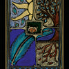 A vibrant image from the Shamanic Healing Oracle Cards by Schiffer Publishing, Ltd.: four sections—yellow sun (top left), brown tree with blue leaves (top right), blue feather (bottom left), red roots (bottom right), two stones center. Text: 36 Grounding.